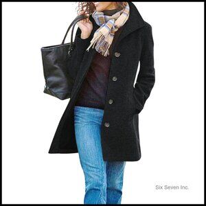 Women's Wool Blend Pea Coat Single Breasted Stand Collar Trench Overcoat